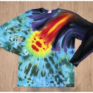Gildan Cotton Tie Dye Long Sleeve T Shirt Rainbow Sunburst Graphic M Dark